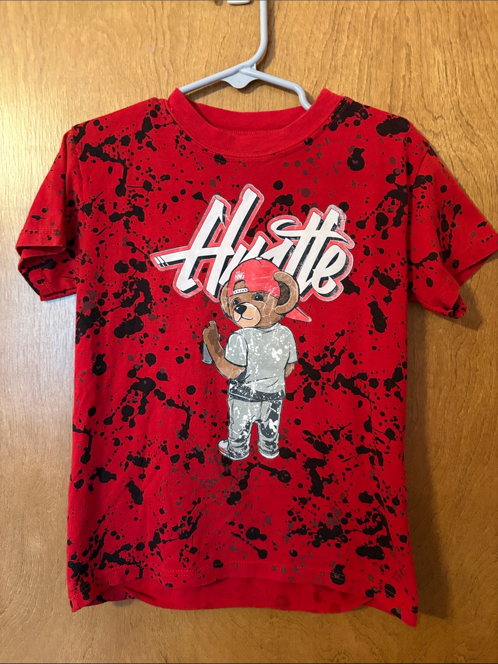 Kids Red 'Hustle' Graphic Tee with Bear Print